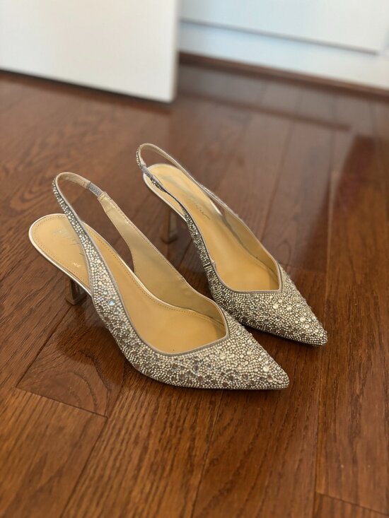 Betsey Johnson Shoes - Betsey Johnson Silver Rhinestone Slingback Heels, Size 8